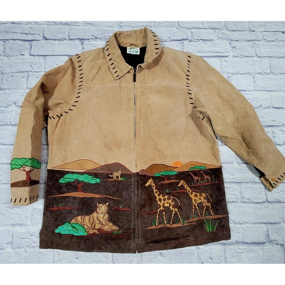 Quaker Family Animal Safari Jacket Coat Giraffe Elephant Brown Suede Leather XL - Picture 1 of 16